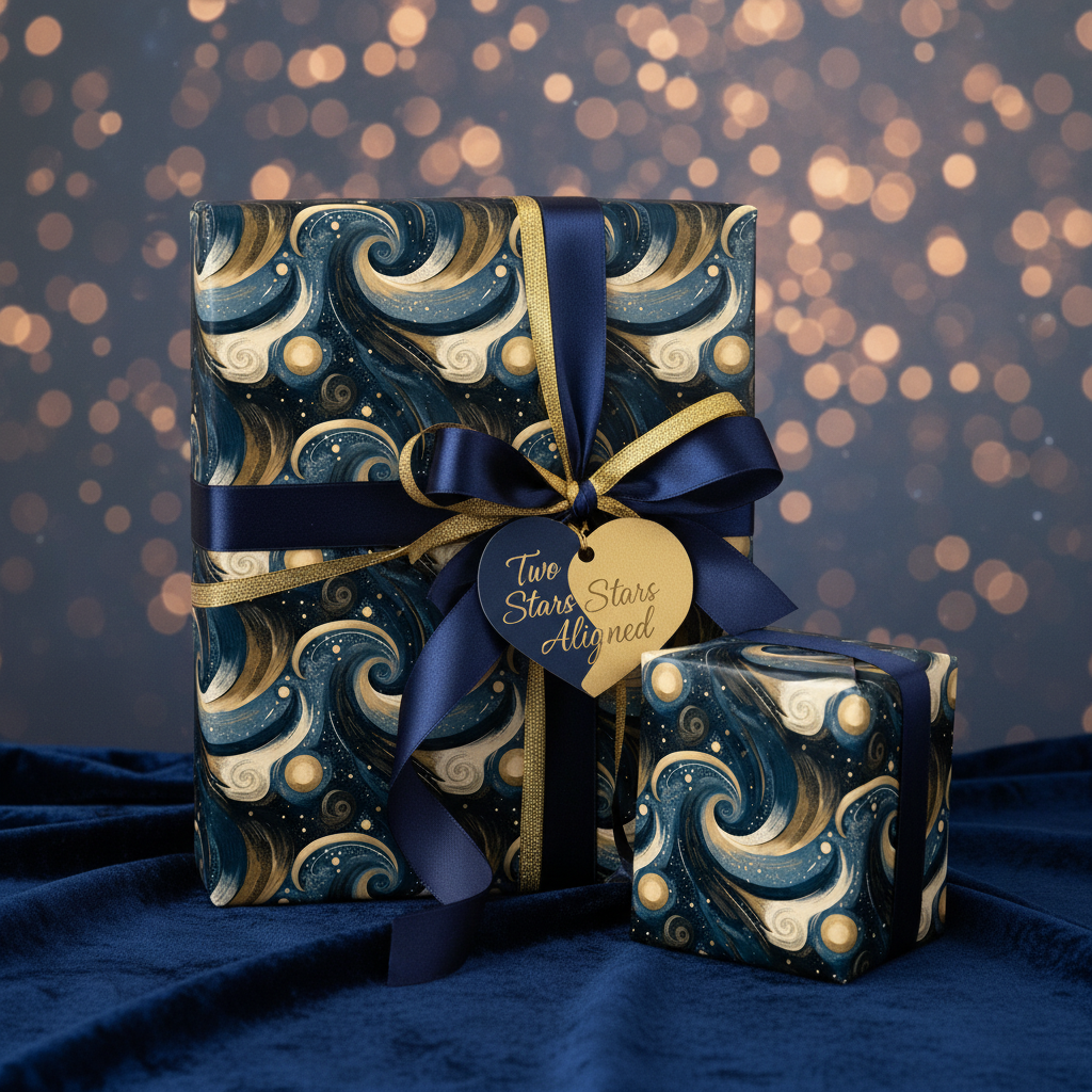 Elegant navy and gold wrapping paper with swirling pattern, tied with blue ribbon for a luxury gift.