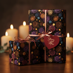 Elegant gifts wrapped in modern black wrapping paper with colorful swirl design and pink ribbon.