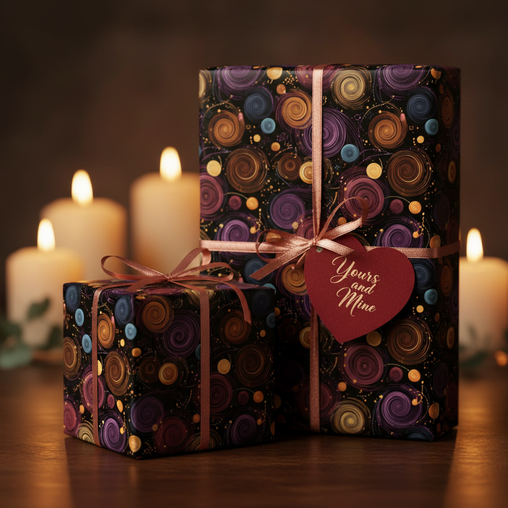 Elegant gifts wrapped in modern black wrapping paper with colorful swirl design and pink ribbon.
