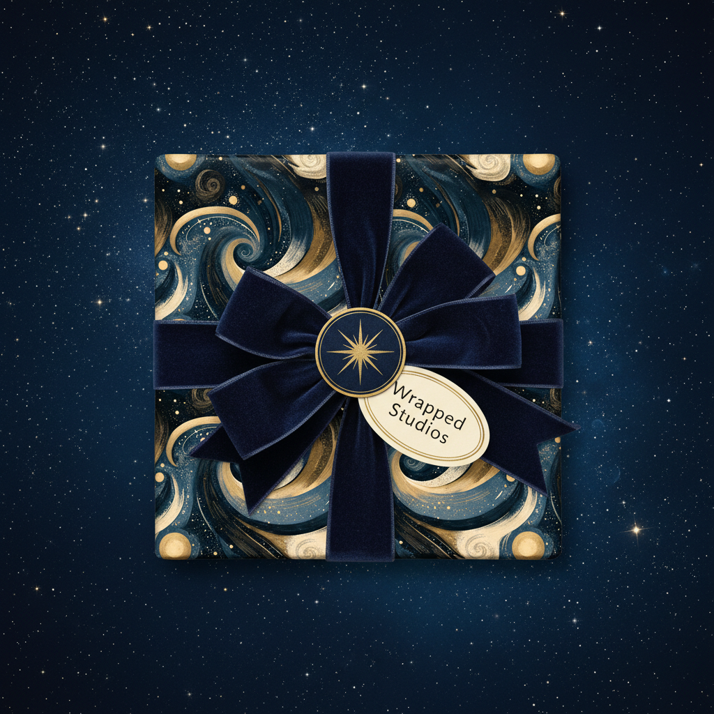 Elegant gift with navy velvet ribbon, wrapped in swirling gold and navy luxury gift wrap.