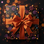 Elegant birthday wrapping paper with a modern swirl pattern and copper ribbon, ready for gifting.