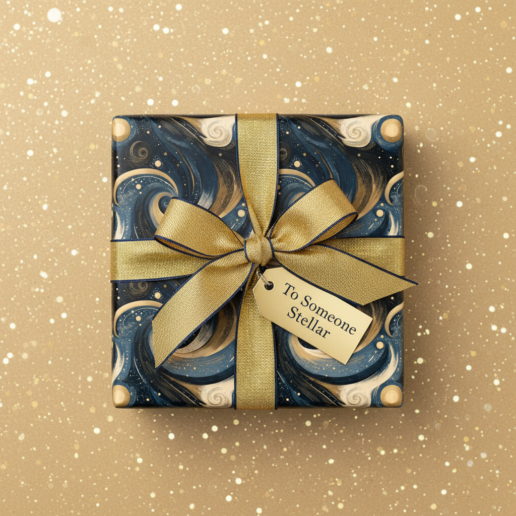 Elegant gift wrapped in swirling navy and gold celestial wrapping paper with a shimmering gold ribbon and "To Someone Stellar" tag.