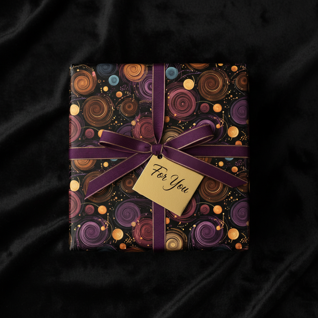 Elegant gift wrapped in dark floral wrapping paper with a purple ribbon and "For You" tag.
