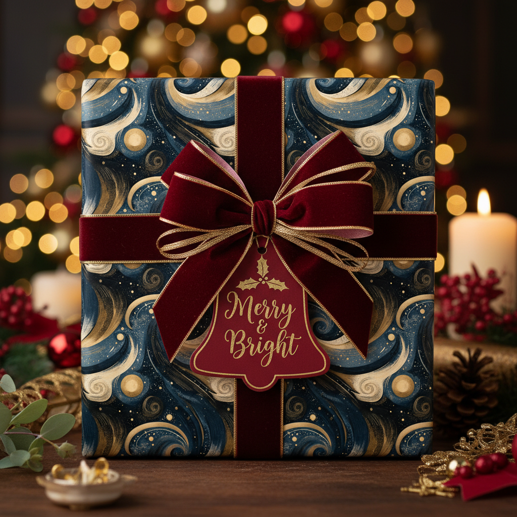 Elegant Christmas gift wrapped in navy & gold swirl paper, tied with a burgundy velvet bow & "Merry & Bright" tag.