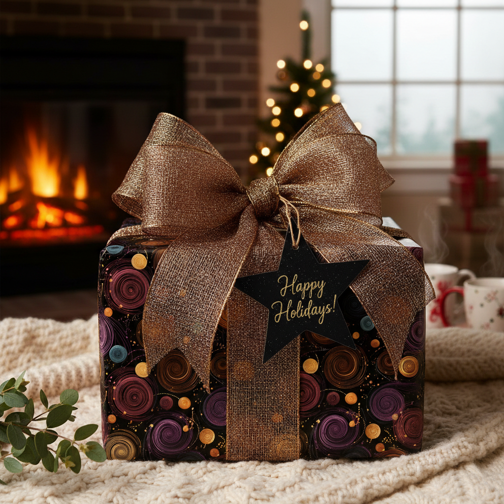 Elegant gift wrapped in swirling festive holiday wrapping paper with a gold ribbon and "Happy Holidays" tag.