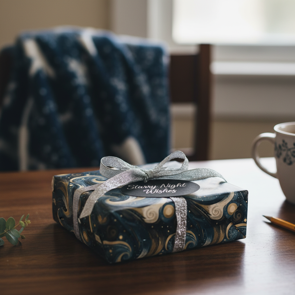 Elegant navy gift wrapped in swirling, celestial paper with silver ribbon and "Starry Night Wishes" tag.