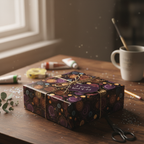 Abstract spiral wrapping paper, with a decorative gift tag and twine, perfect for unique birthday gifts.