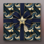 Elegant gift box wrapped in navy and gold swirling luxury wrapping paper with ribbon bow.