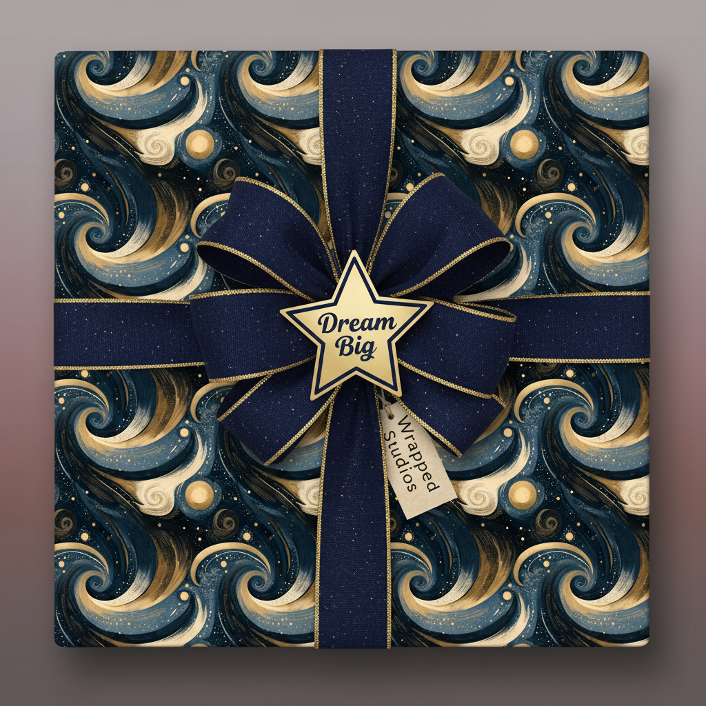 Elegant gift box wrapped in navy and gold swirling luxury wrapping paper with ribbon bow.