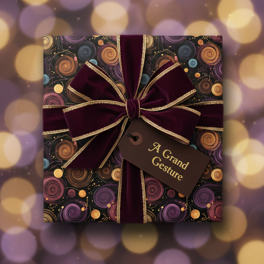 Square gift wrapped in modern swirl print paper, with a burgundy velvet ribbon and "A Grand Gesture" gift tag.