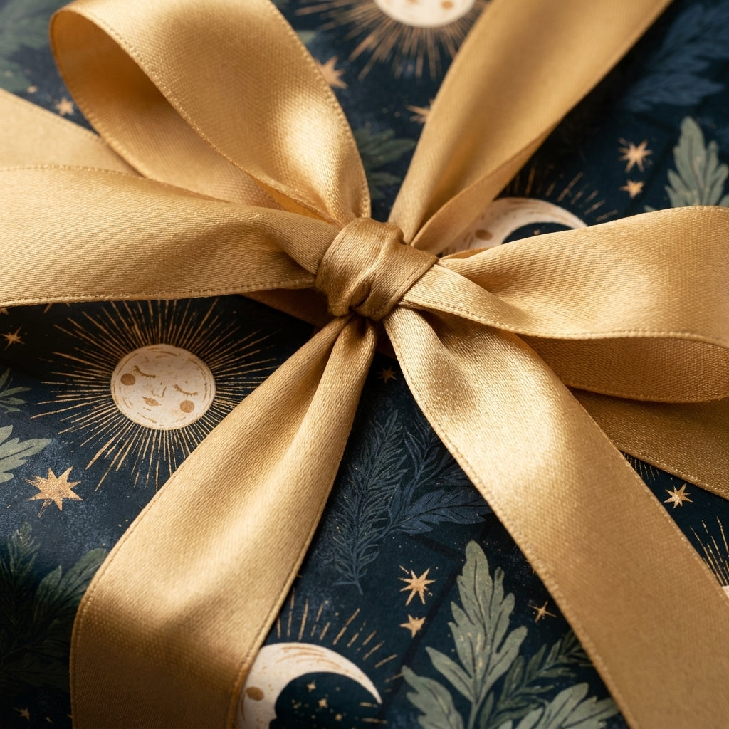 Luxury celestial wrapping paper with gold suns and moons and a gold satin bow by Wrapped Studios.