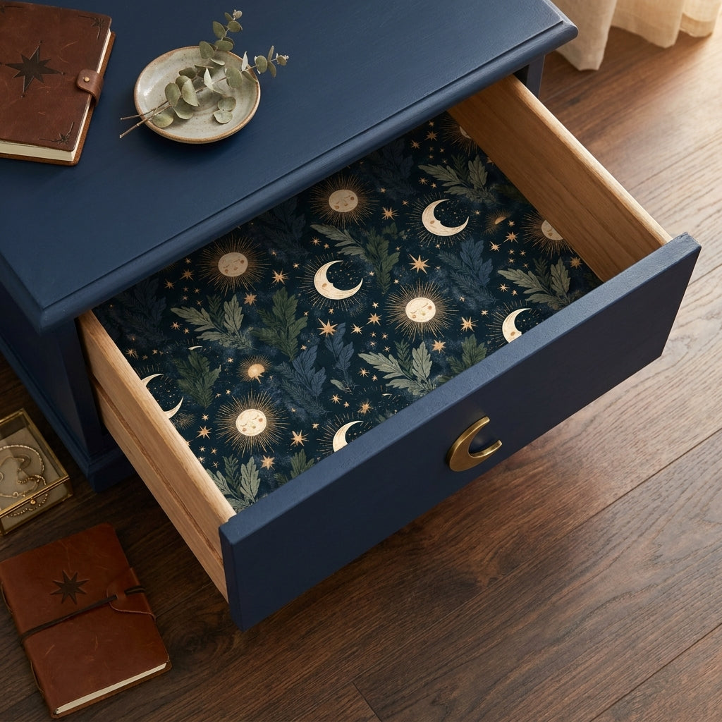 Celestial wrapping paper with gold moon and sun designs used as a drawer liner, by Wrapped Studios.