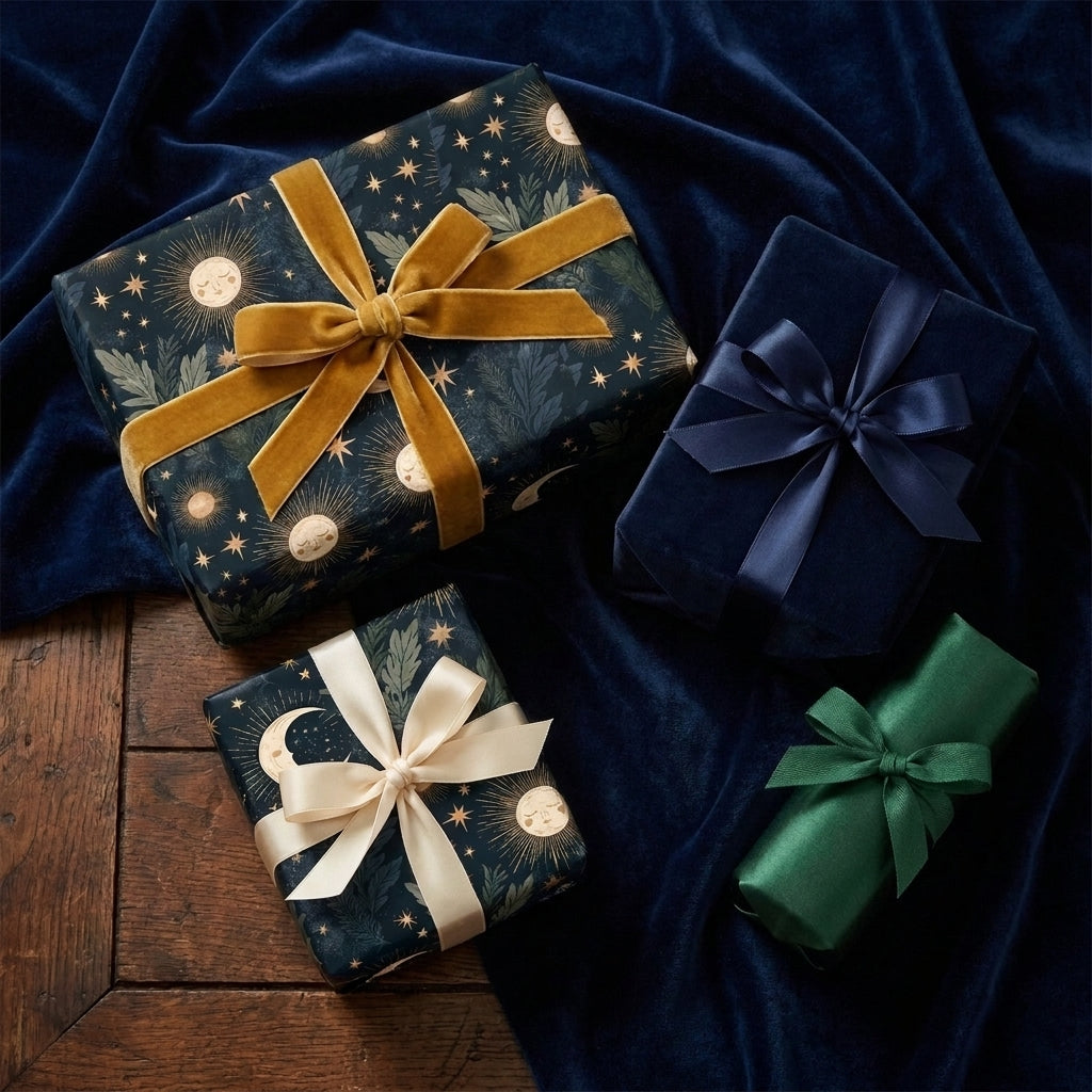 Celestial wrapping paper with gold sun and moon patterns and luxury velvet ribbons by Wrapped Studios.