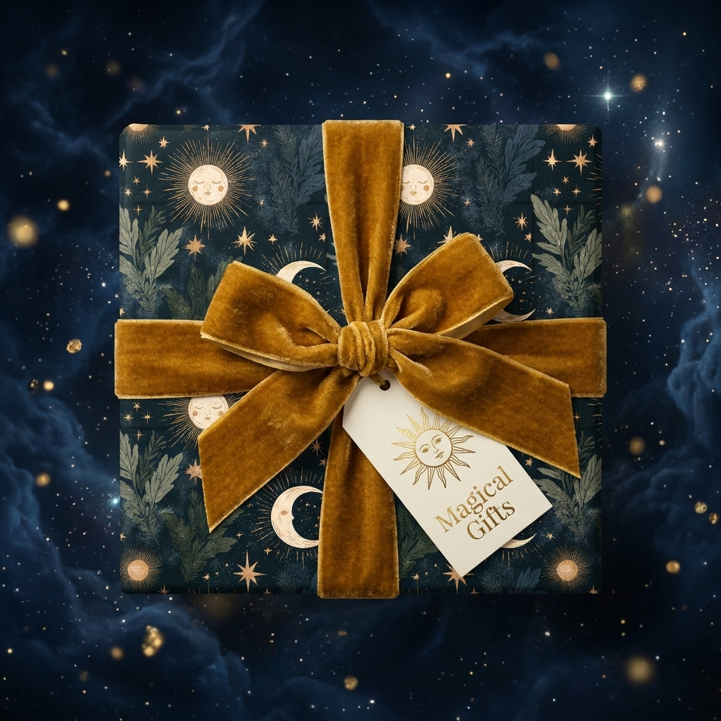 Celestial wrapping paper with a gold velvet bow on a luxury gift box by Wrapped Studios.