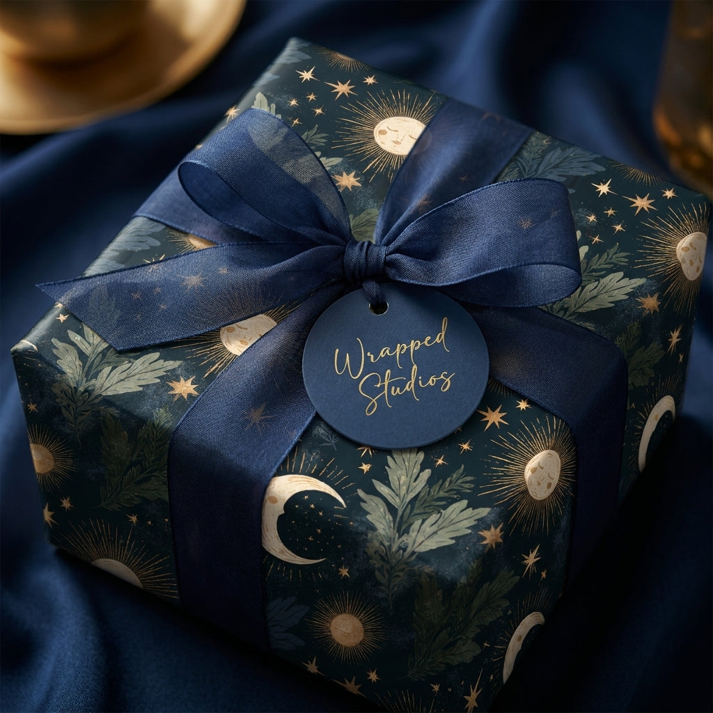 Luxury celestial wrapping paper with gold suns and moons, navy ribbon, and Wrapped Studios tag.