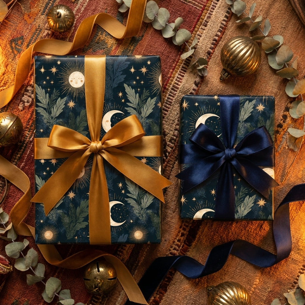 Celestial wrapping paper with gold moons on luxury navy holiday gift boxes by Wrapped Studios.