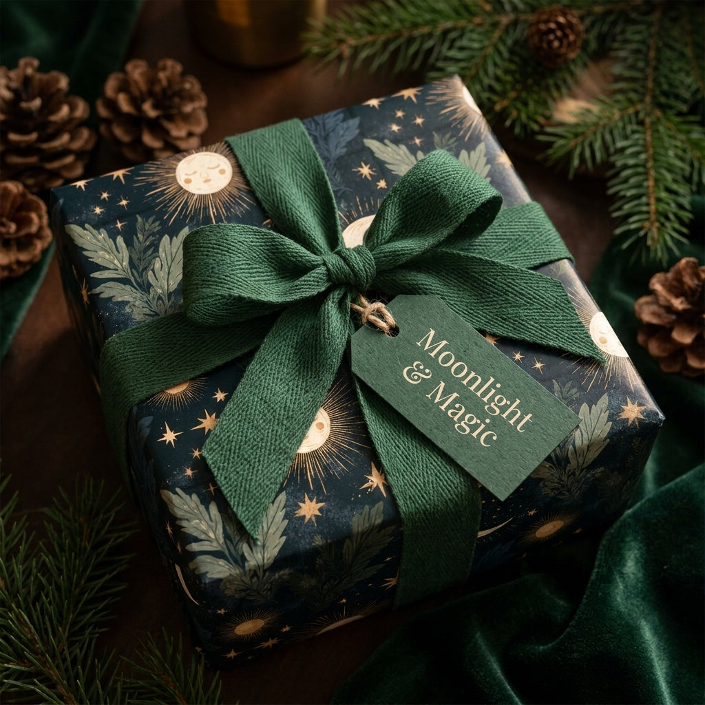Celestial Christmas wrapping paper with a forest green ribbon and gold star pattern, by Wrapped Studios.