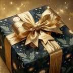 Luxury celestial wrapping paper by Wrapped Studios, featuring gold moons, stars, and a metallic gold bow.