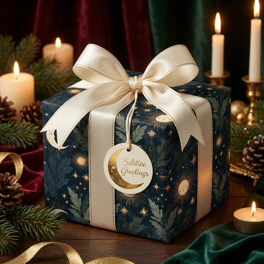 Celestial winter solstice wrapping paper with cream ribbon and gold moon tag by Wrapped Studios.