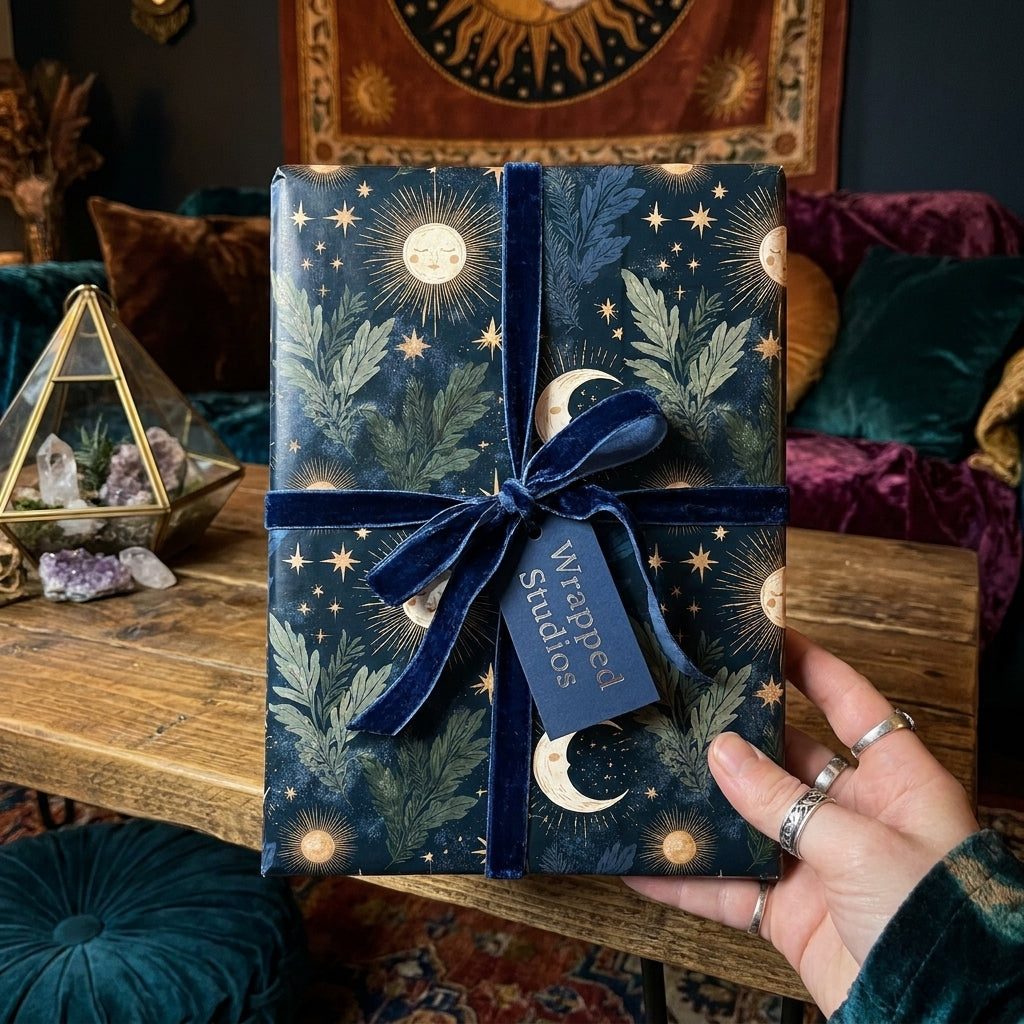 Luxury celestial wrapping paper with gold suns and moons, tied with a blue velvet bow by Wrapped Studios.