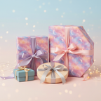 Pastel gift boxes wrapped in galaxy-themed wrapping paper with moon and star pattern, tied with satin ribbons.