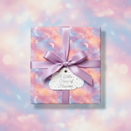 Square gift wrapped in celestial patterned paper with lavender satin ribbon and cloud gift tag.