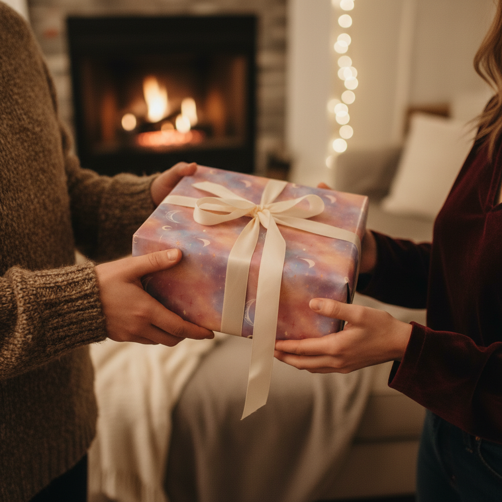 Exchanging a gift wrapped in galaxy-print wrapping paper with a satin bow in a cozy home setting.