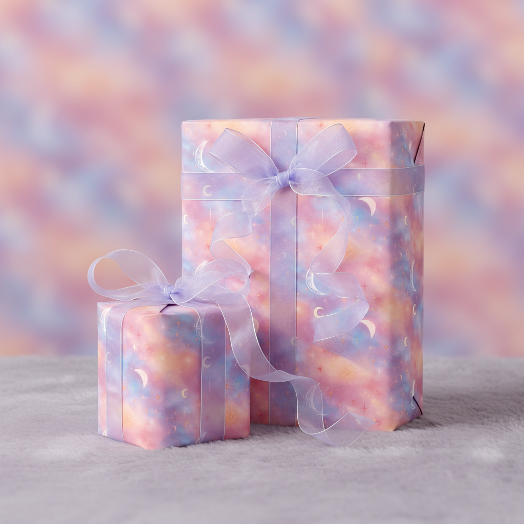 Two gifts wrapped in pastel celestial wrapping paper with sheer lavender ribbon on a fluffy surface.