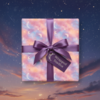 Pastel moon and stars gift wrapped with a satin purple bow; whimsical birthday wrapping paper.