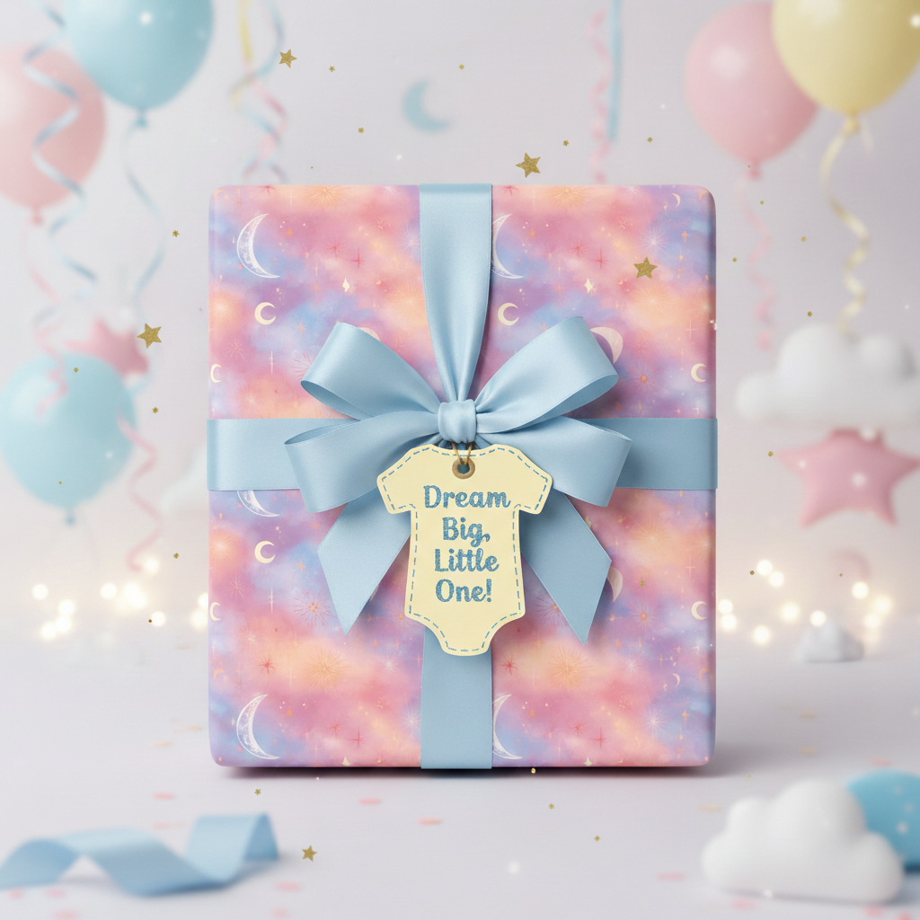 Pastel celestial wrapping paper for a baby shower gift, tied with a light blue ribbon bow.