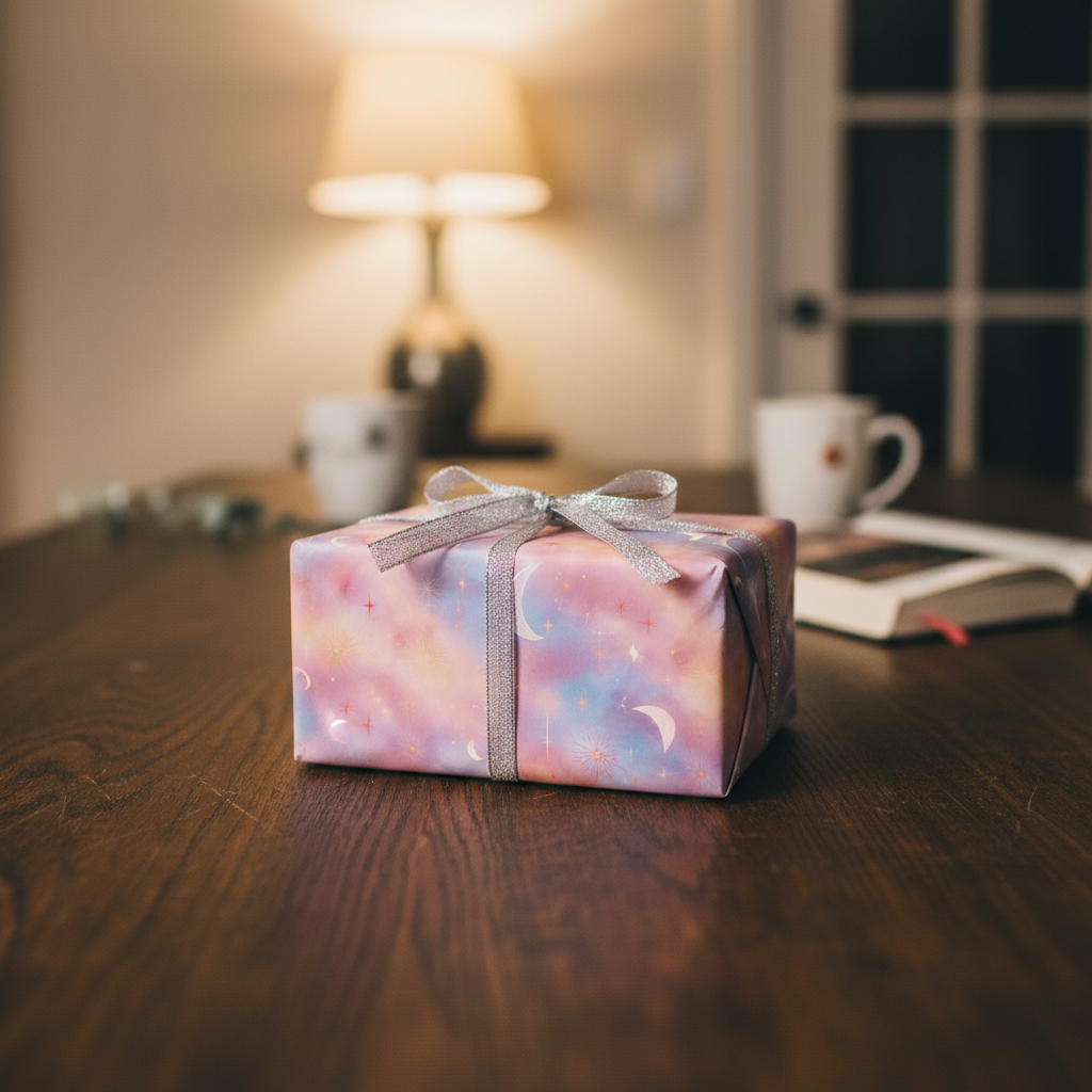 Gift wrapped in pastel galaxy wrapping paper with silver ribbon on a wooden table.