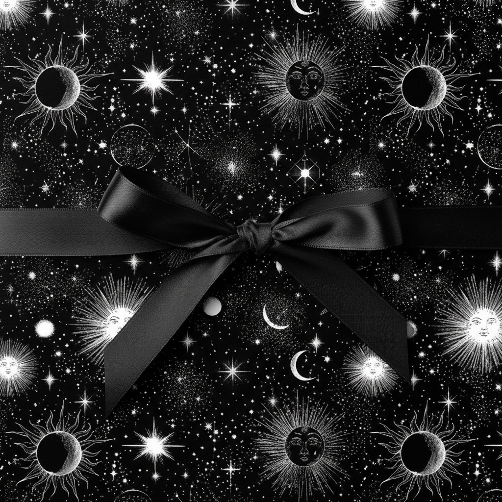 Black celestial wrapping paper featuring suns, moons and stars with satin bow.