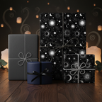 Elegant celestial wrapping paper with stars and moon design, tied with string on wooden surface.
