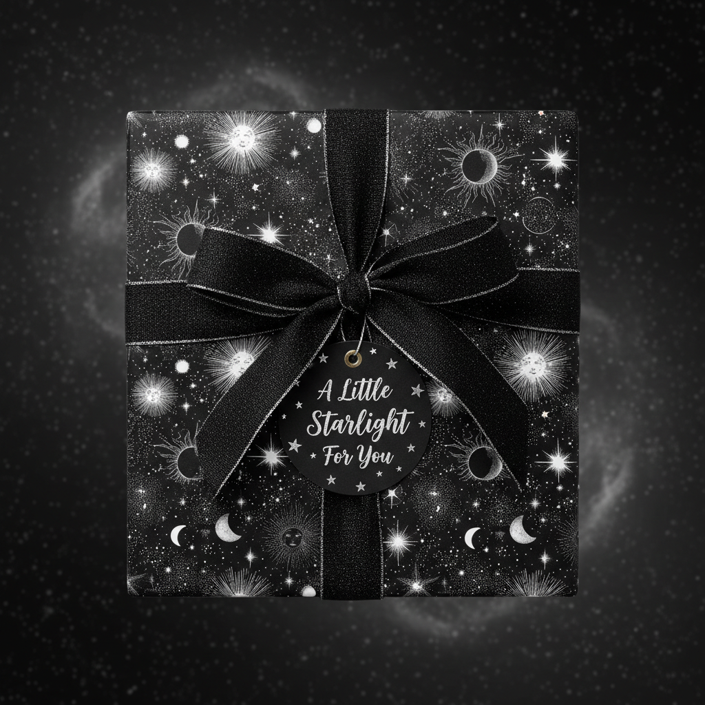 Black celestial wrapping paper with a ribbon and "A Little Starlight For You" tag.