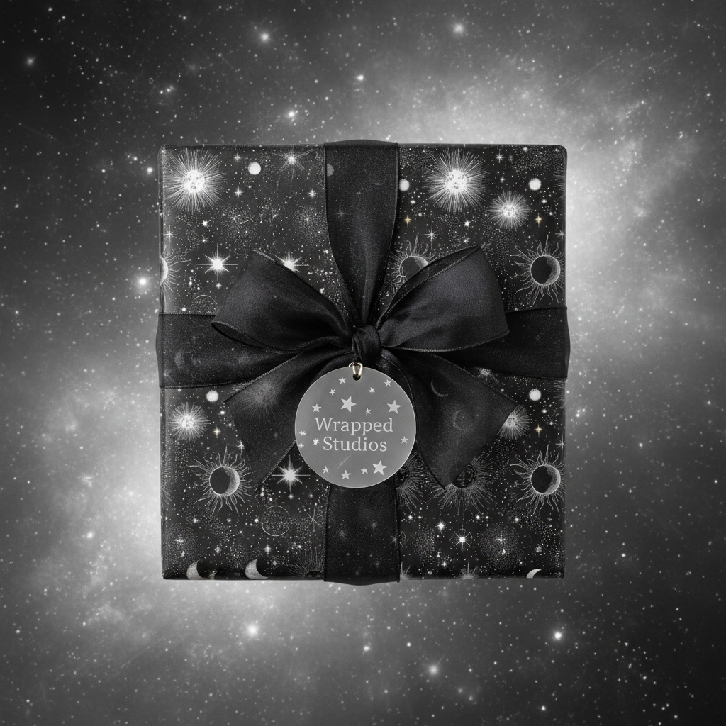 Black square gift wrapped in celestial star and moon patterned wrapping paper, tied with satin ribbon.