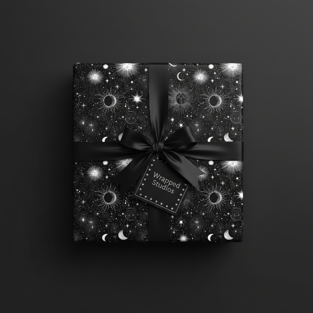 Elegant black gift wrap with celestial moon and star pattern, tied with satin bow.