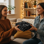 Woman gives a gift wrapped in black celestial wrapping paper with gray ribbon.