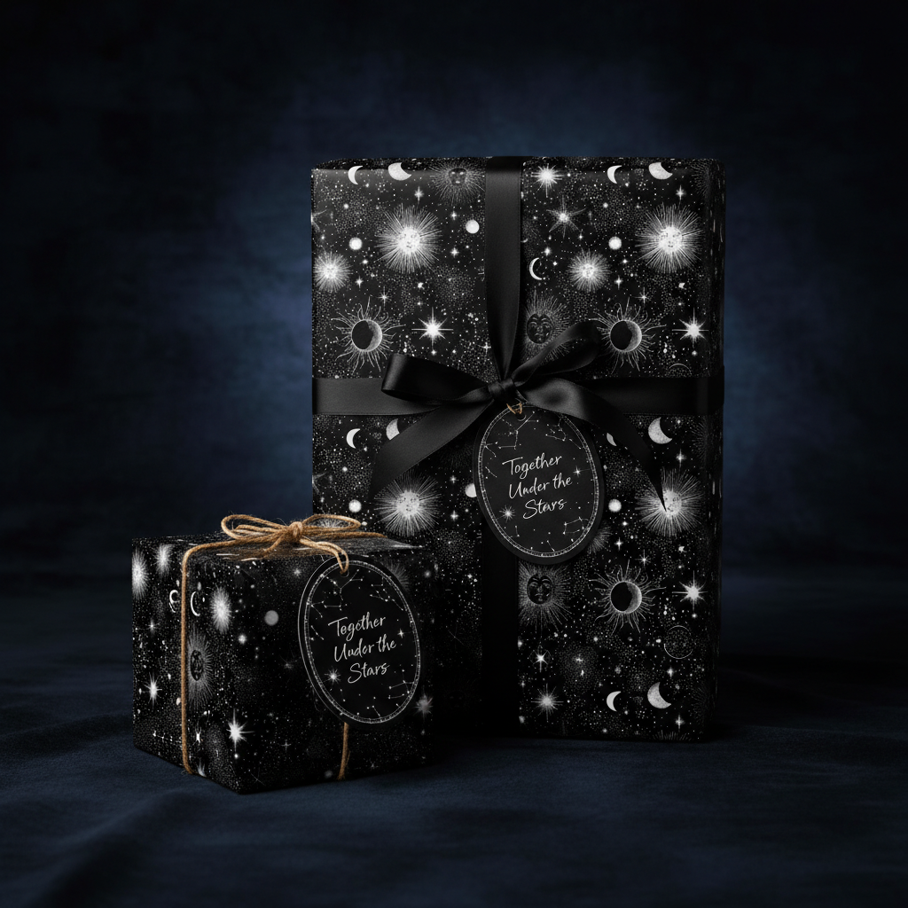 Elegant gifts wrapped in celestial wrapping paper with a black ribbon and "Together Under the Stars" tag.