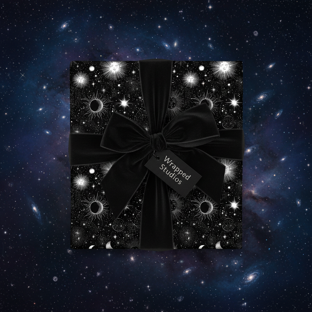 Elegant gift wrapped in black celestial wrapping paper with velvet bow against galaxy background.