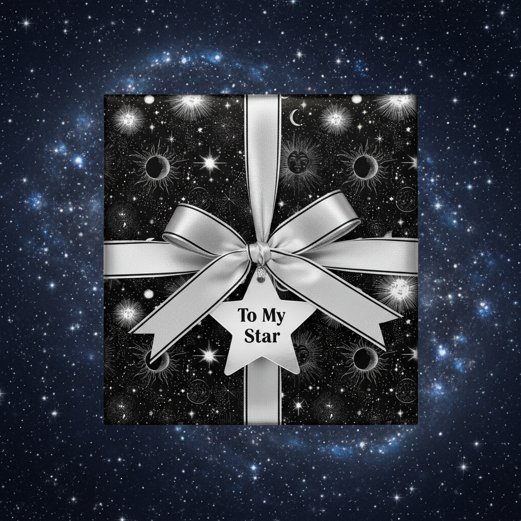 Elegant celestial gift wrap with silver ribbon and "To My Star" tag, set against a starry night background.
