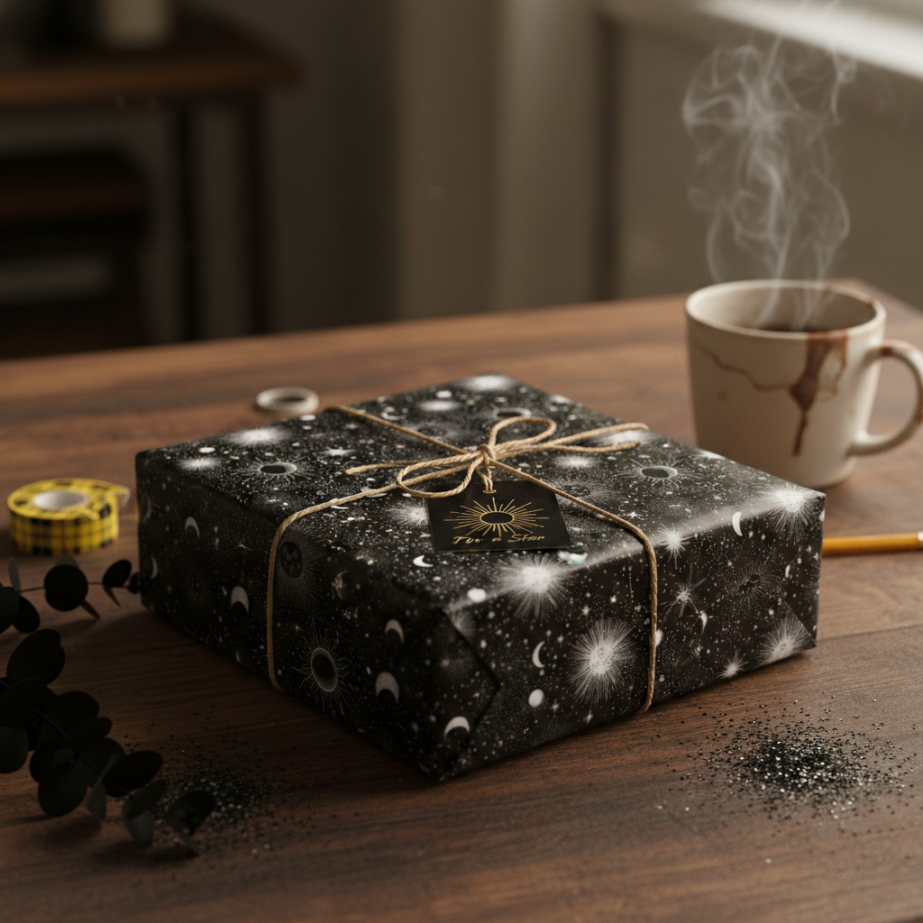 Elegant gift wrapped in black star pattern paper with twine, a stylish choice for Christmas or birthdays.