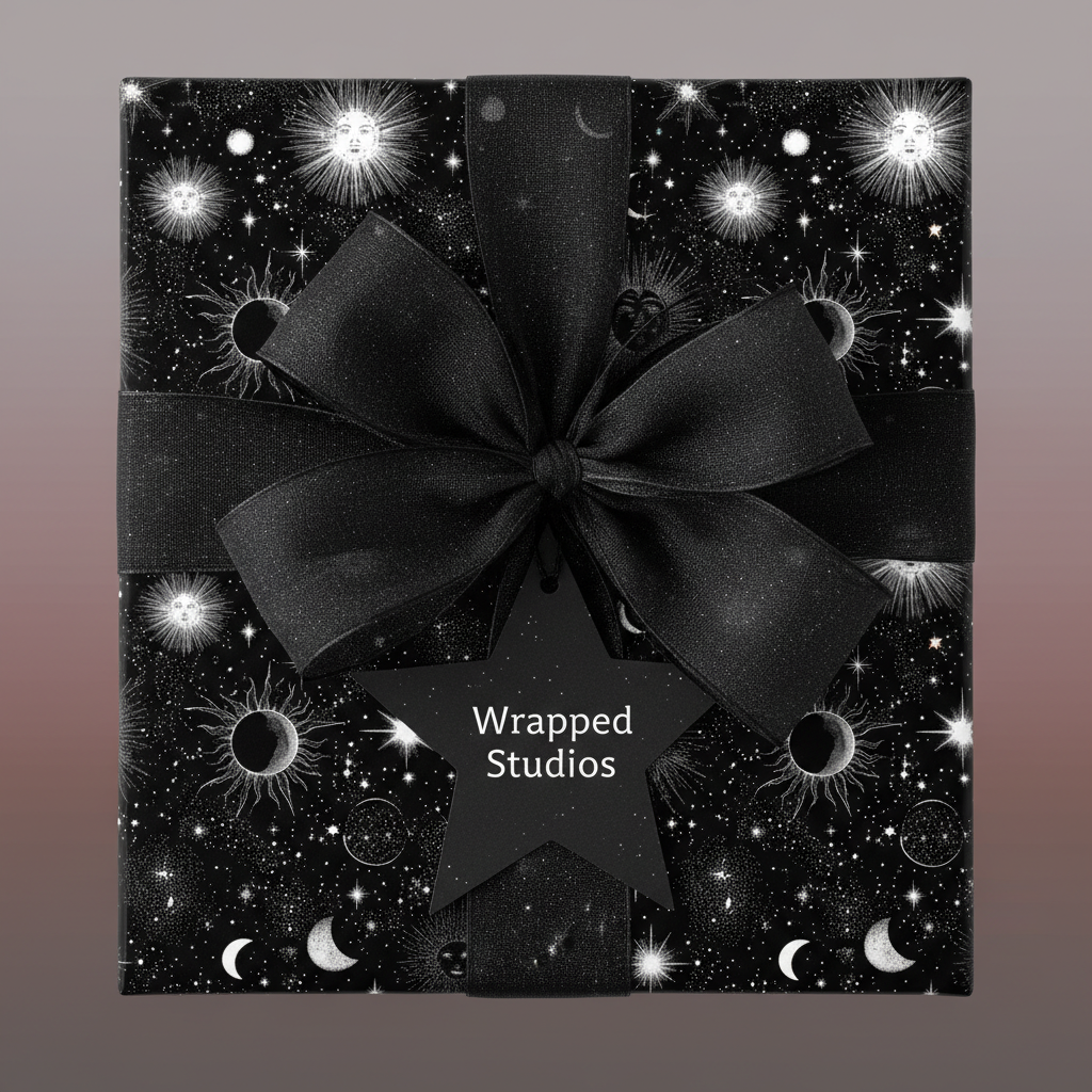 Black and white celestial wrapping paper with sun, moon, and stars, tied with a dark ribbon.