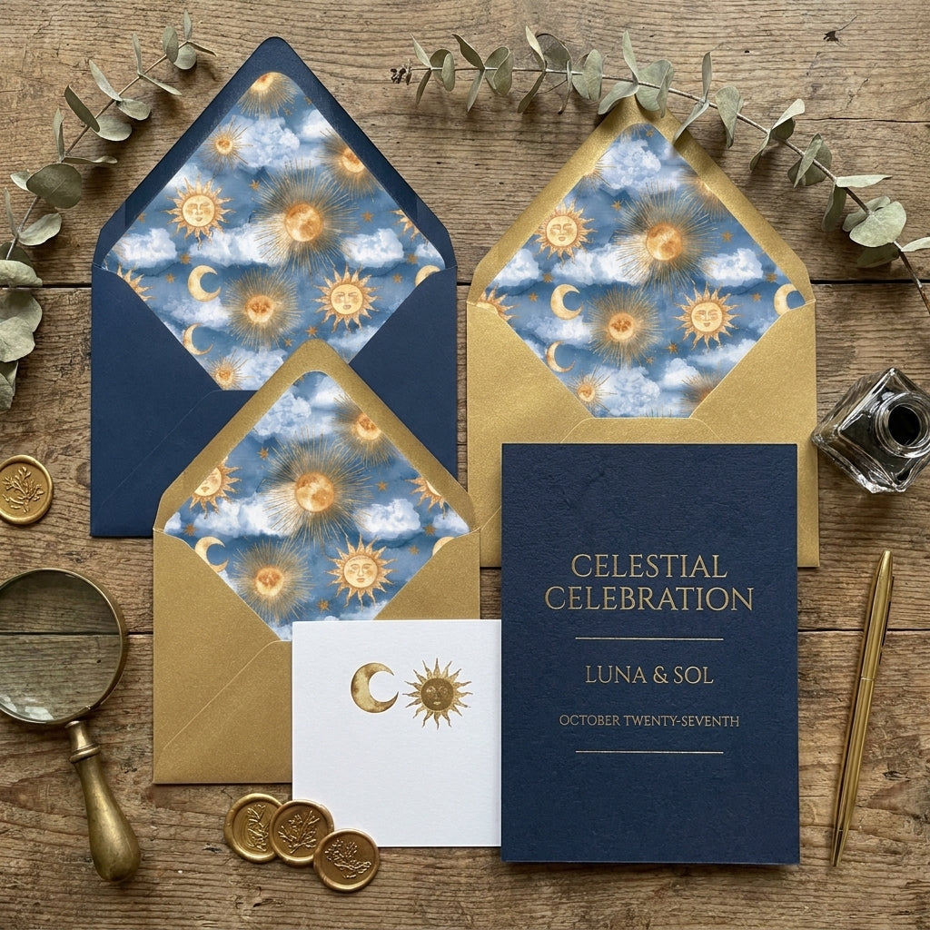 Celestial wedding invitation suite with navy and gold sun and moon envelope liners by Wrapped Studios.