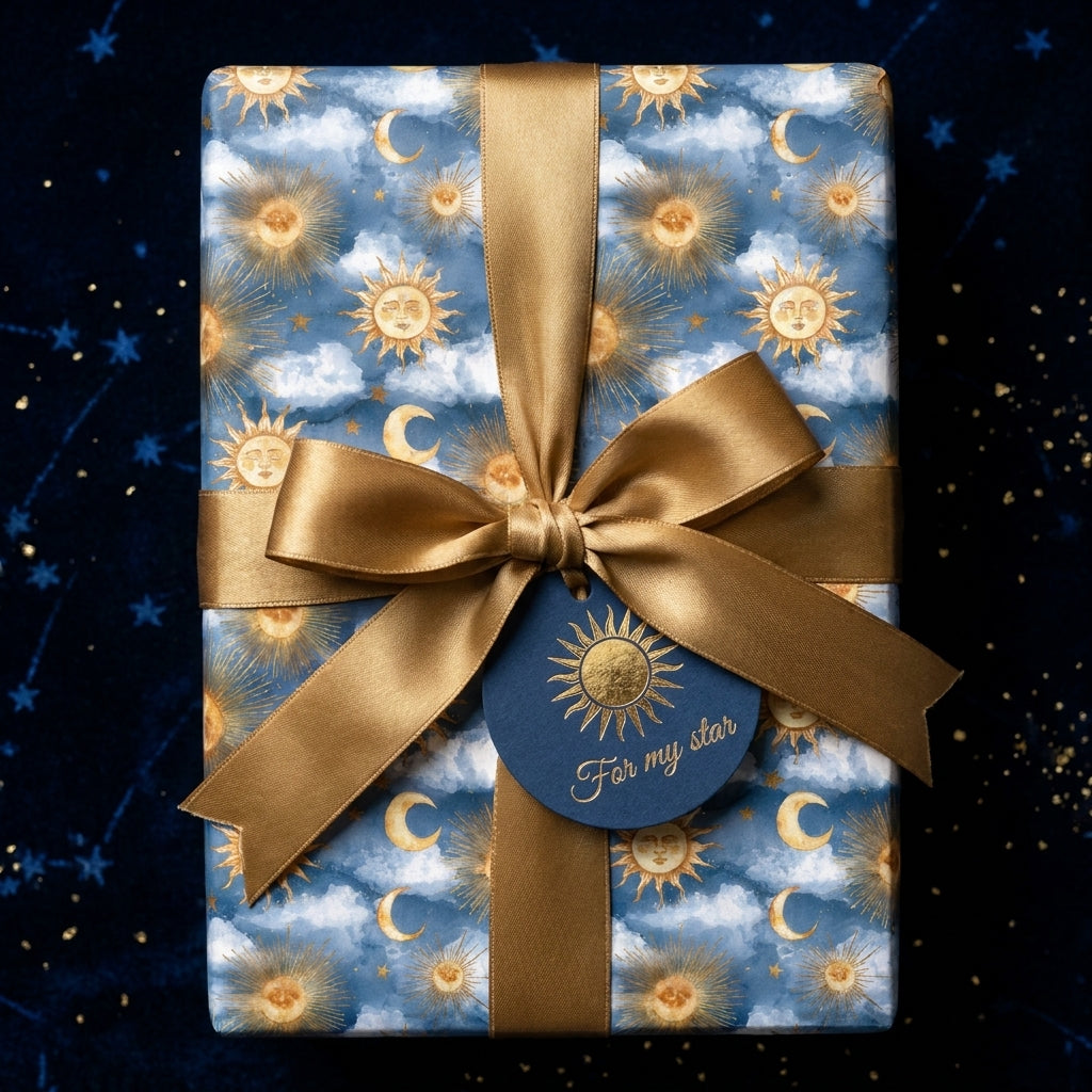 Luxury celestial wrapping paper with gold sun and moon pattern and satin ribbon bow by Wrapped Studios.