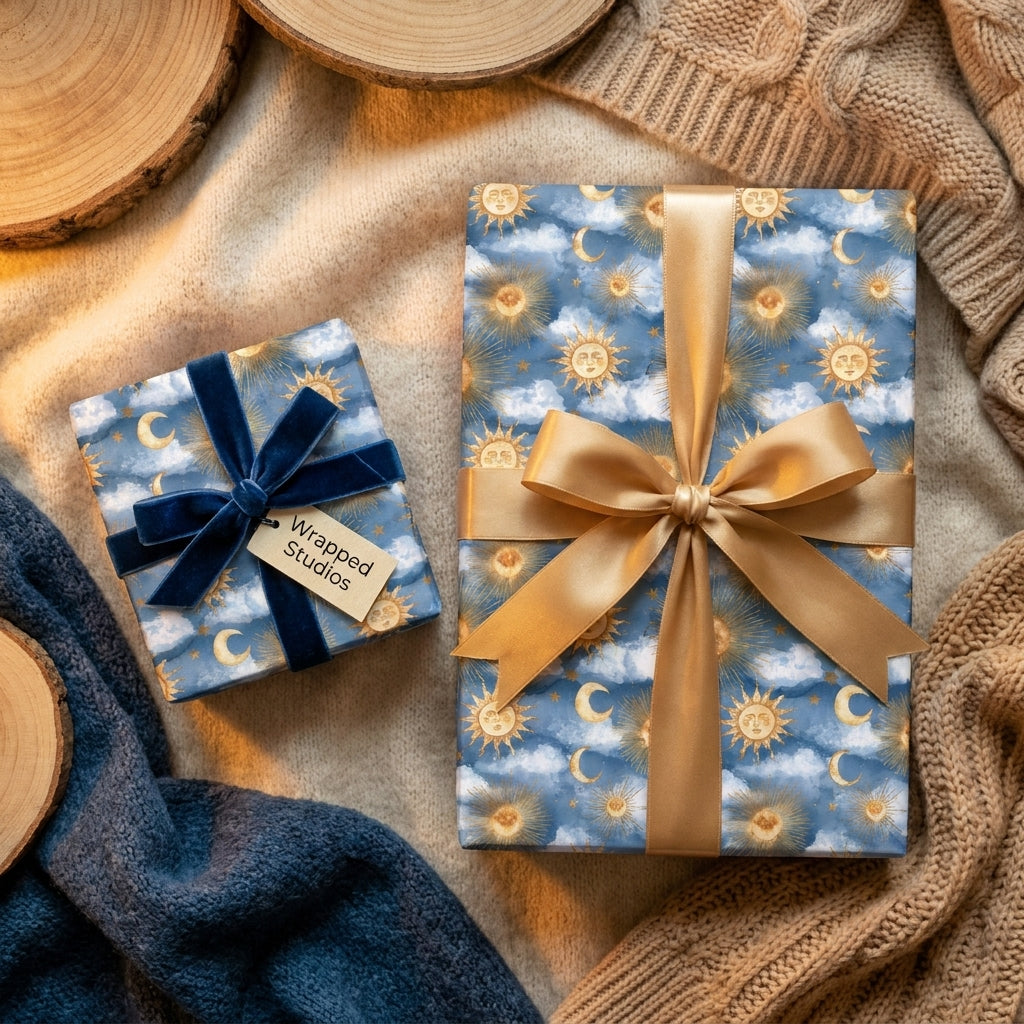 Celestial wrapping paper with a gold sun and moon pattern on blue gift boxes by Wrapped Studios.