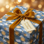 Luxury celestial wrapping paper with gold suns, moons, and a velvet ribbon by Wrapped Studios.