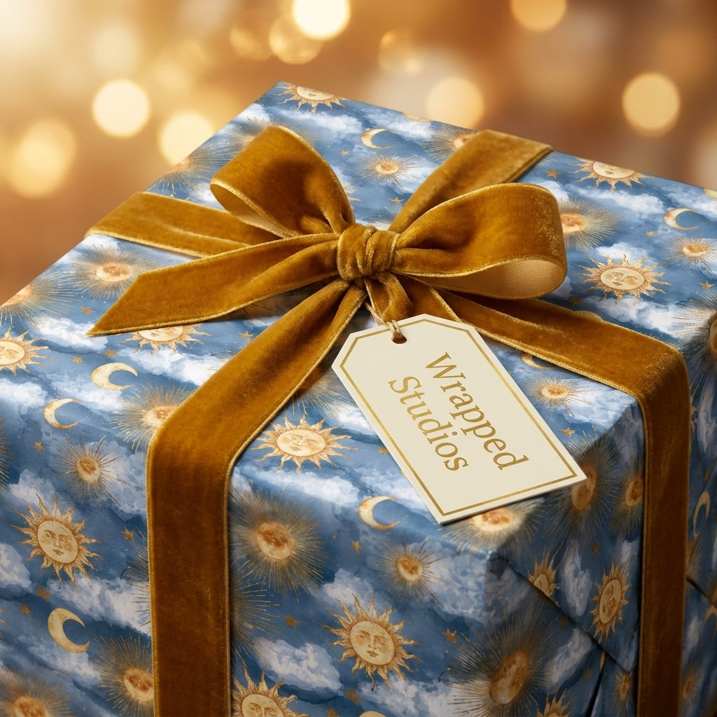 Luxury celestial wrapping paper with gold suns, moons, and a velvet ribbon by Wrapped Studios.