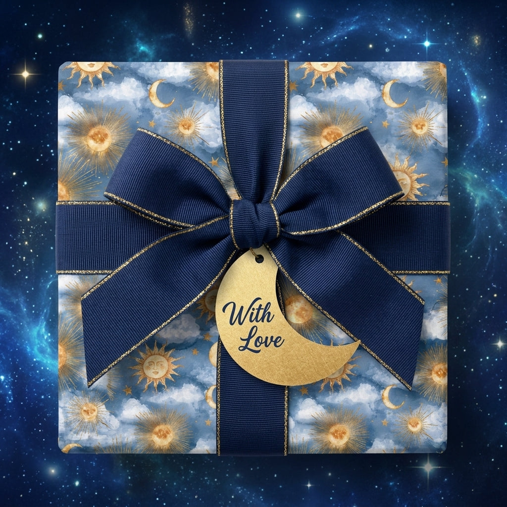 Celestial wrapping paper with gold suns, navy ribbon, and a crescent moon tag by Wrapped Studios.