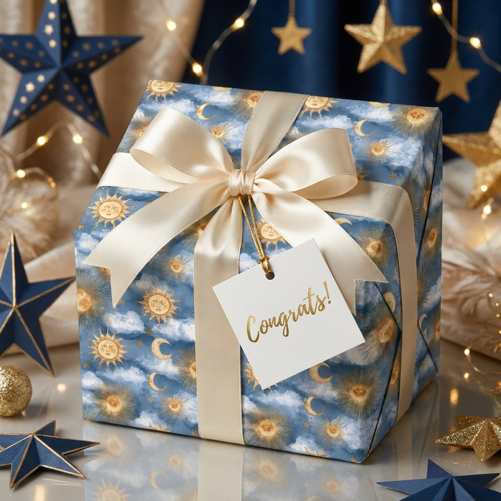 Celestial wrapping paper with gold sun and moon pattern and a cream satin bow by Wrapped Studios.