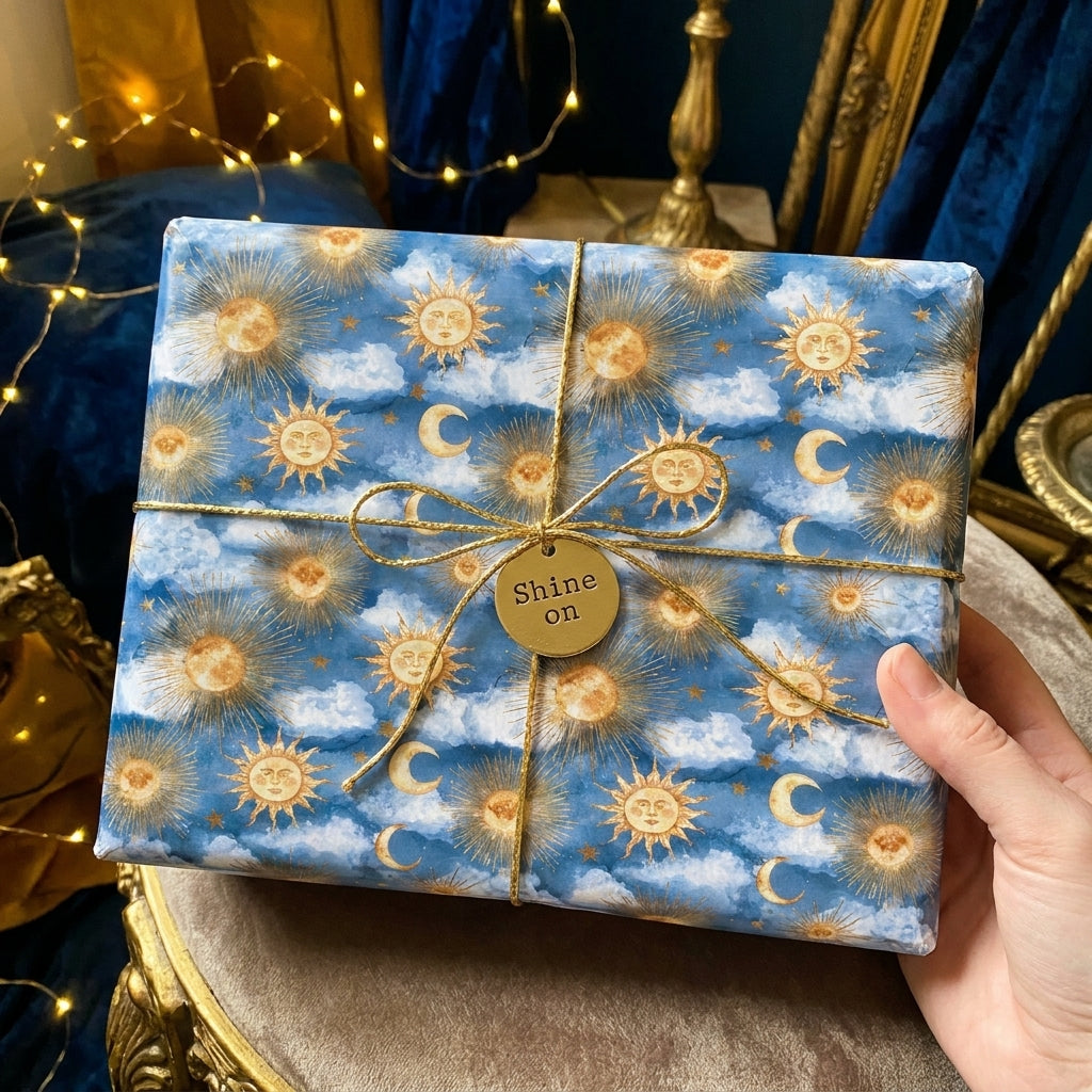 Celestial wrapping paper with gold sun and moon pattern by Wrapped Studios, tied with a gold bow.